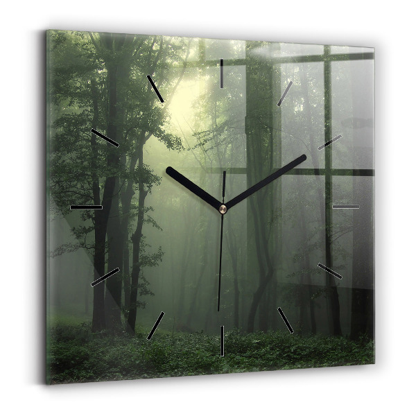 Square glass wall clock Misty forest in the morning