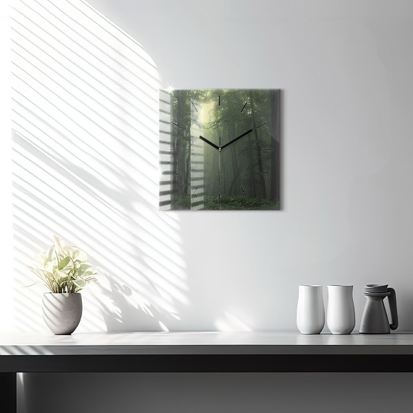 Square glass wall clock Misty forest in the morning