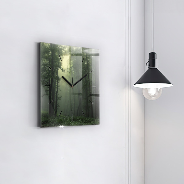 Square glass wall clock Misty forest in the morning