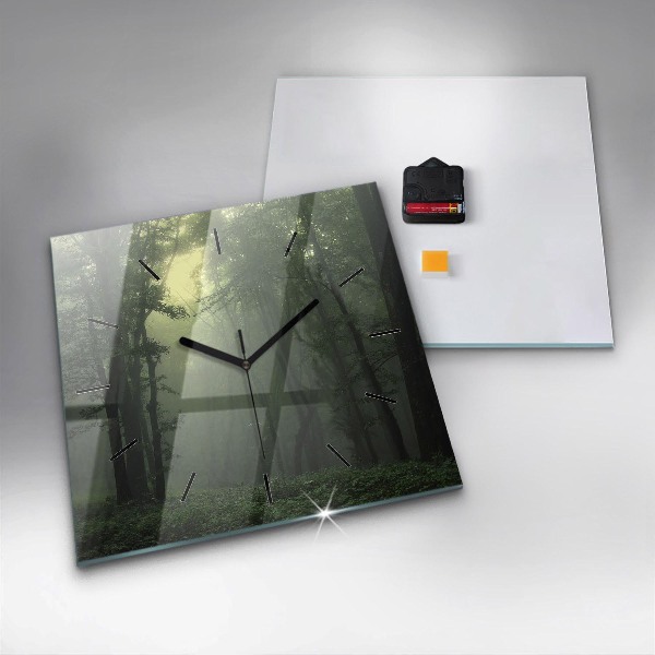 Square glass wall clock Misty forest in the morning