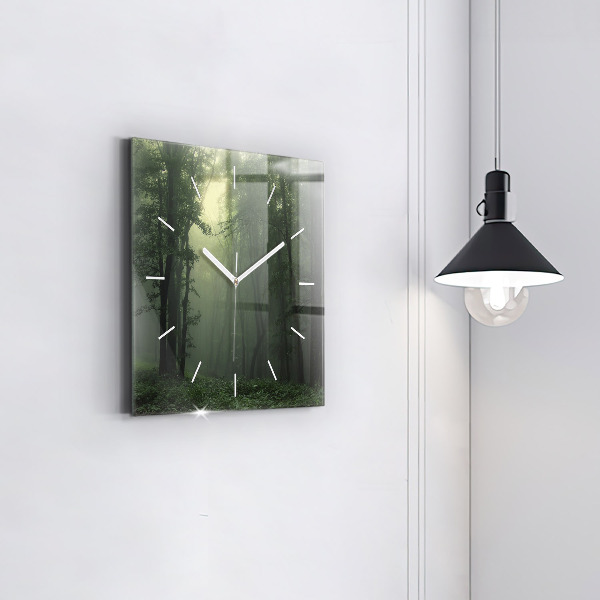 Square glass wall clock Misty forest in the morning