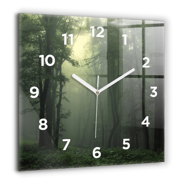 Square glass wall clock Misty forest in the morning