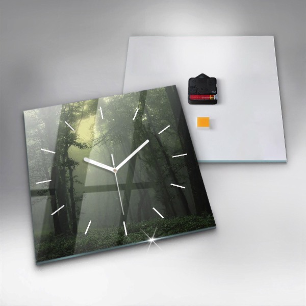 Square glass wall clock Misty forest in the morning