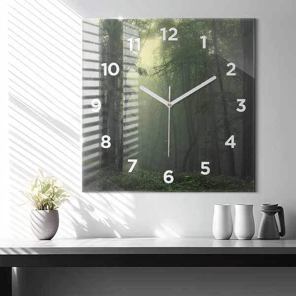 Square glass wall clock Misty forest in the morning