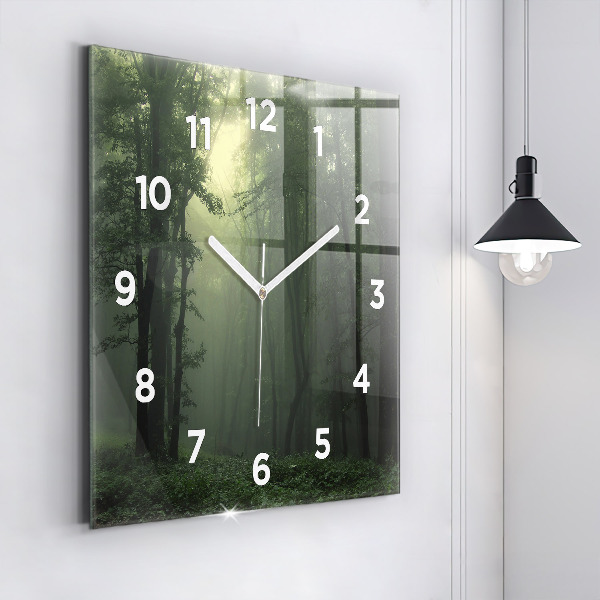Square glass wall clock Misty forest in the morning