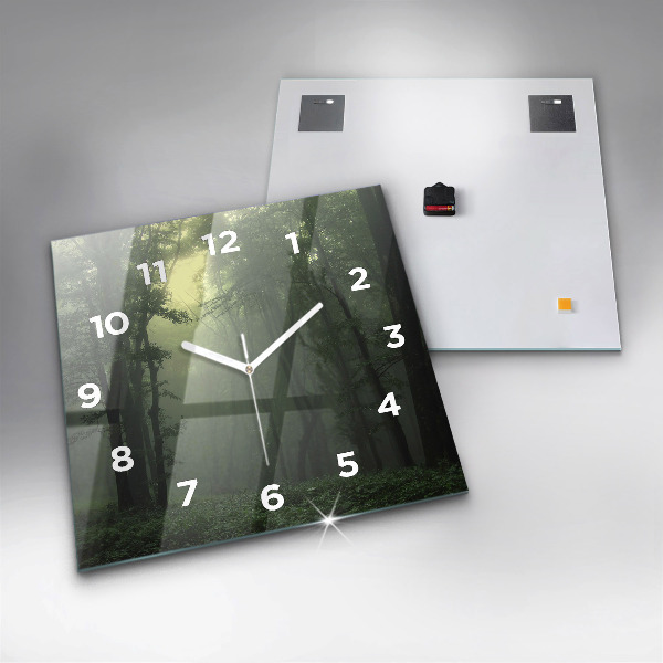 Square glass wall clock Misty forest in the morning