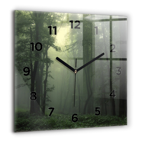 Square glass wall clock Misty forest in the morning