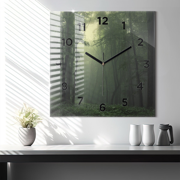 Square glass wall clock Misty forest in the morning