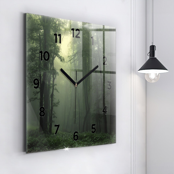 Square glass wall clock Misty forest in the morning