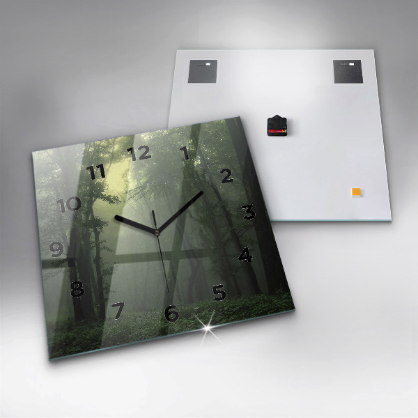 Square glass wall clock Misty forest in the morning