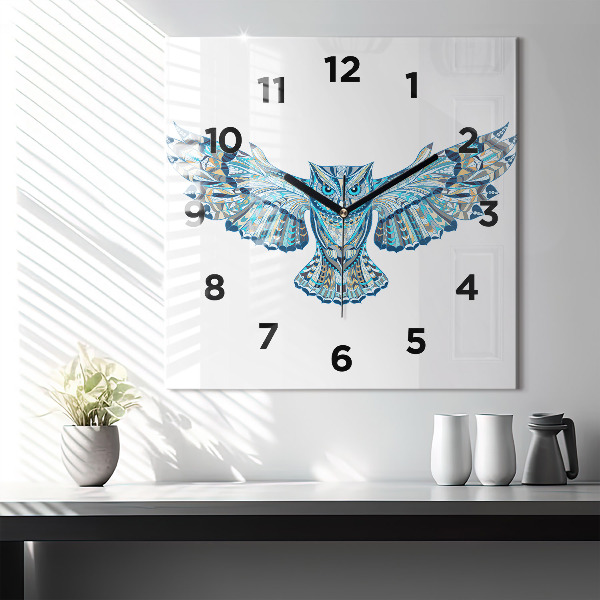 Square glass wall clock Owl in flight