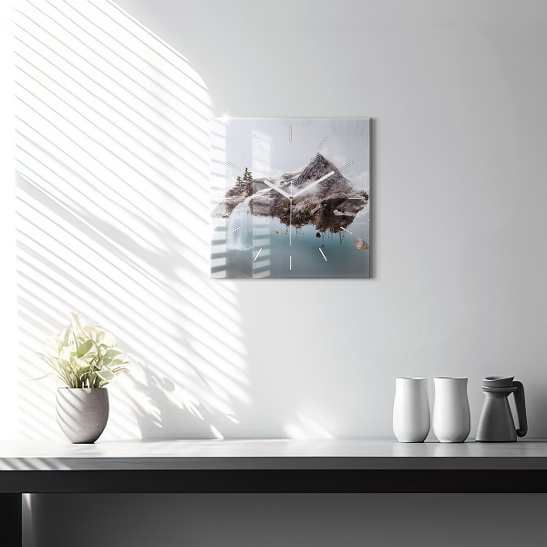 Square glass wall clock Flying Island and Waterfall