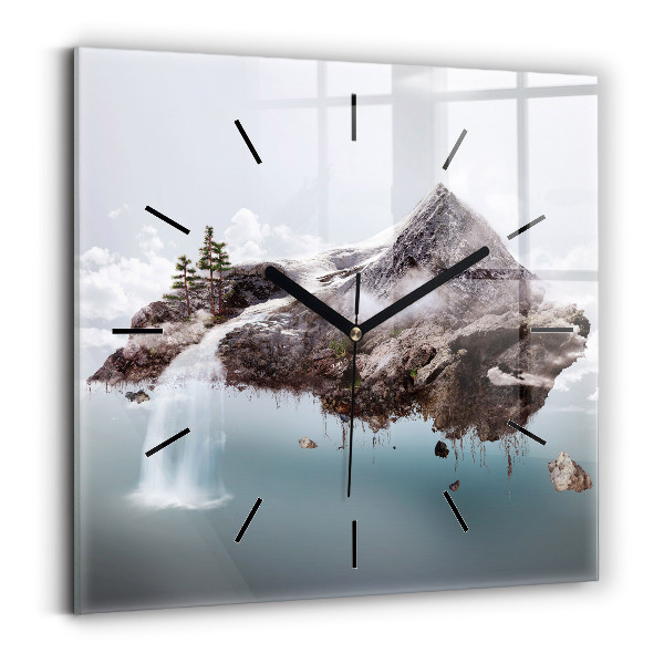 Square glass wall clock Flying Island and Waterfall