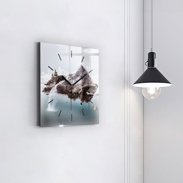 Square glass wall clock Flying Island and Waterfall