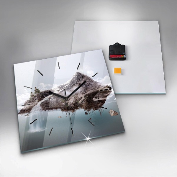 Square glass wall clock Flying Island and Waterfall
