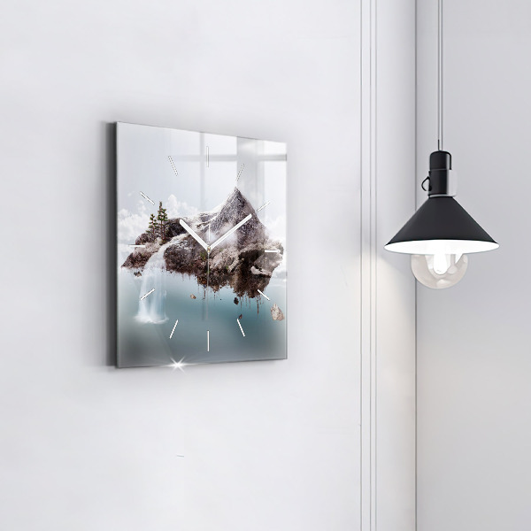 Square glass wall clock Flying Island and Waterfall