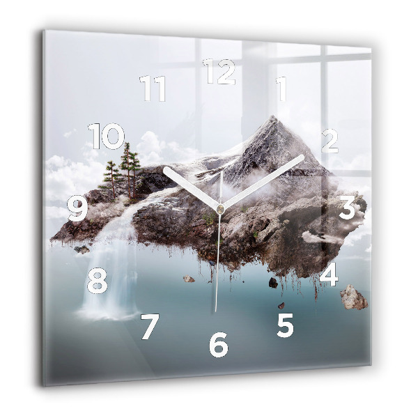 Square glass wall clock Flying Island and Waterfall