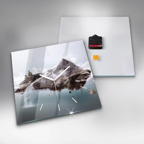 Square glass wall clock Flying Island and Waterfall