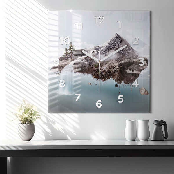 Square glass wall clock Flying Island and Waterfall