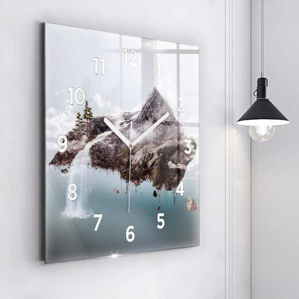 Square glass wall clock Flying Island and Waterfall