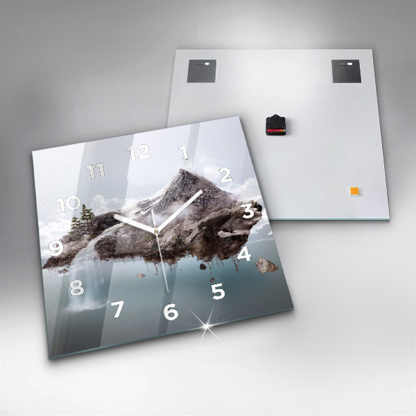 Square glass wall clock Flying Island and Waterfall