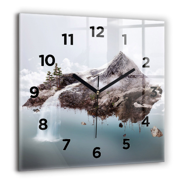 Square glass wall clock Flying Island and Waterfall