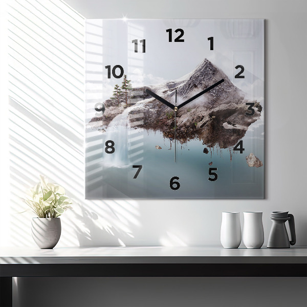 Square glass wall clock Flying Island and Waterfall