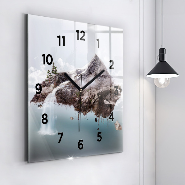 Square glass wall clock Flying Island and Waterfall