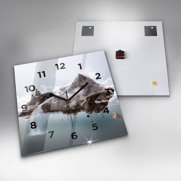 Square glass wall clock Flying Island and Waterfall