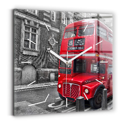 Square glass wall clock Red double-decker bus