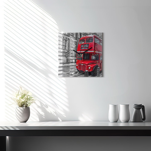 Square glass wall clock Red double-decker bus