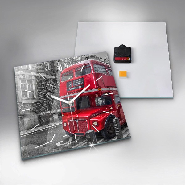 Square glass wall clock Red double-decker bus
