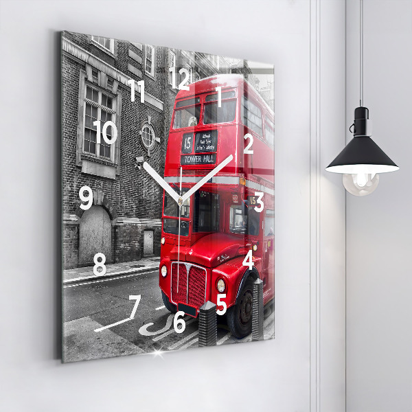 Square glass wall clock Red double-decker bus