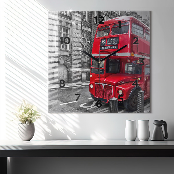 Square glass wall clock Red double-decker bus