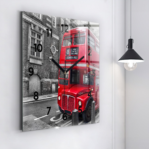 Square glass wall clock Red double-decker bus