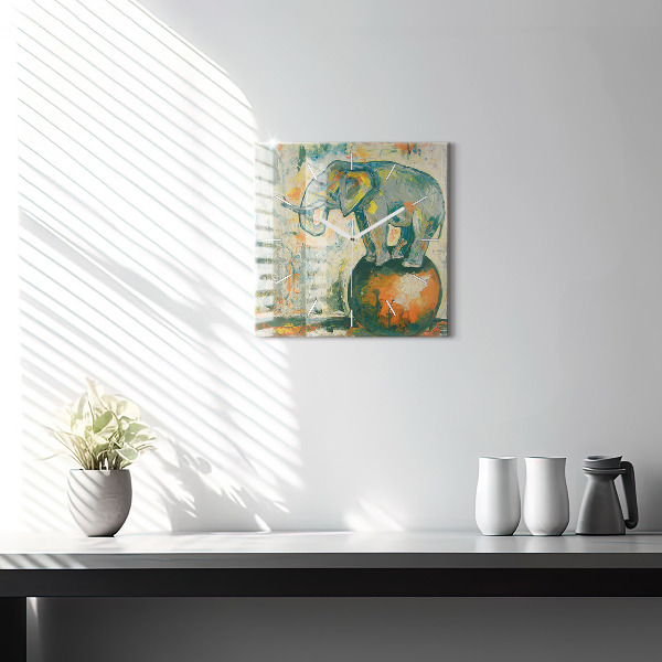 Square glass wall clock Painted elephant posture