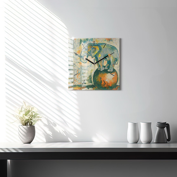 Square glass wall clock Painted elephant posture