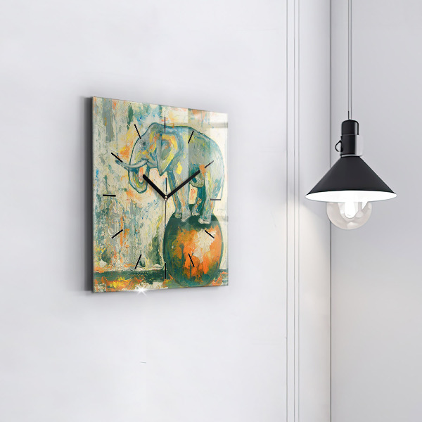 Square glass wall clock Painted elephant posture