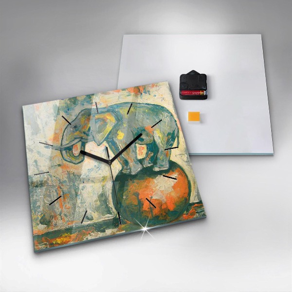 Square glass wall clock Painted elephant posture