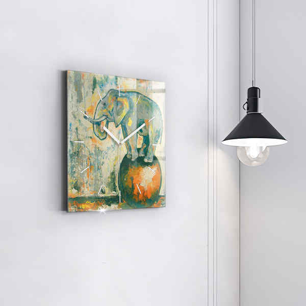 Square glass wall clock Painted elephant posture