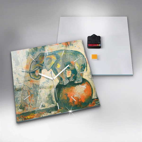 Square glass wall clock Painted elephant posture