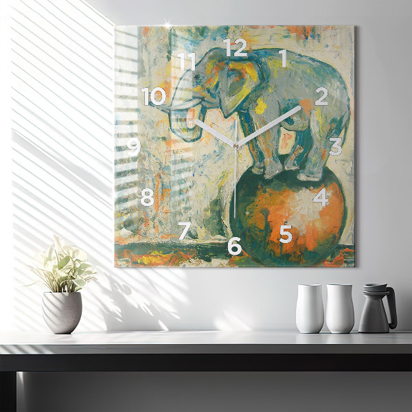 Square glass wall clock Painted elephant posture