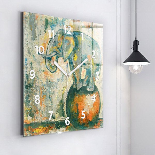 Square glass wall clock Painted elephant posture