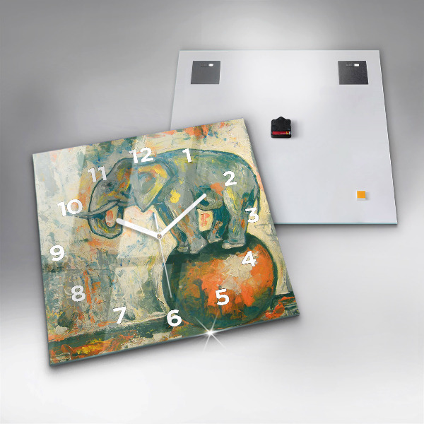 Square glass wall clock Painted elephant posture