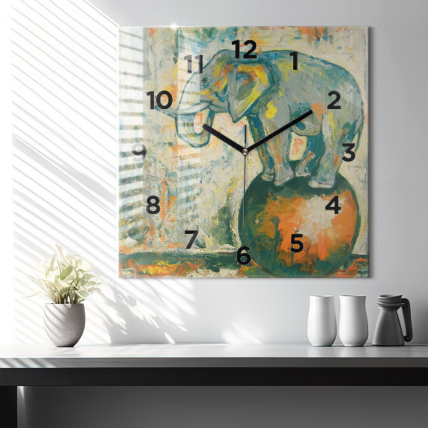 Square glass wall clock Painted elephant posture