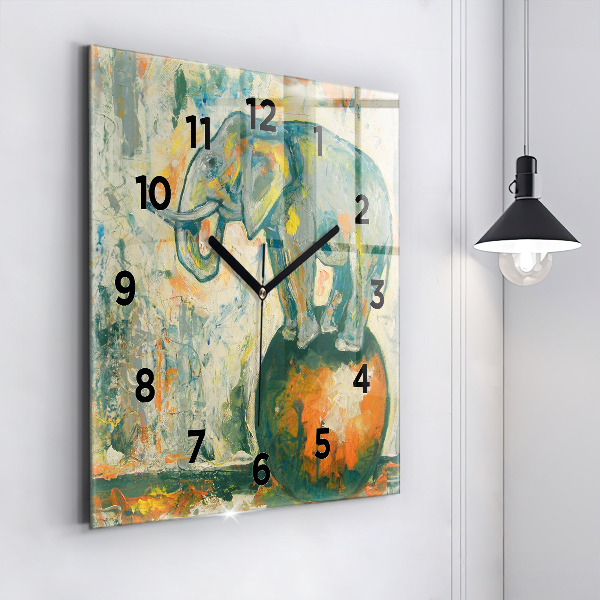 Square glass wall clock Painted elephant posture