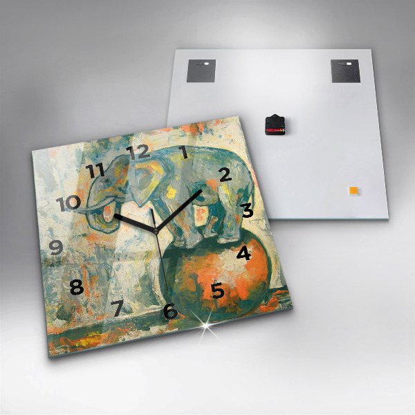 Square glass wall clock Painted elephant posture