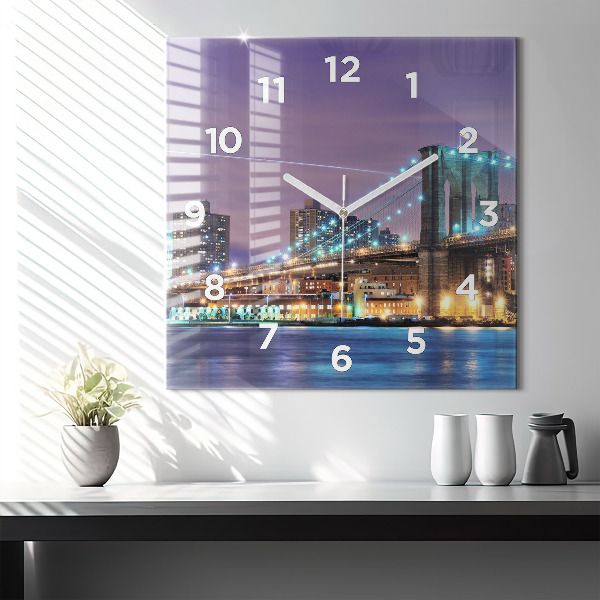 Square glass wall clock Brooklyn Bridge and East River