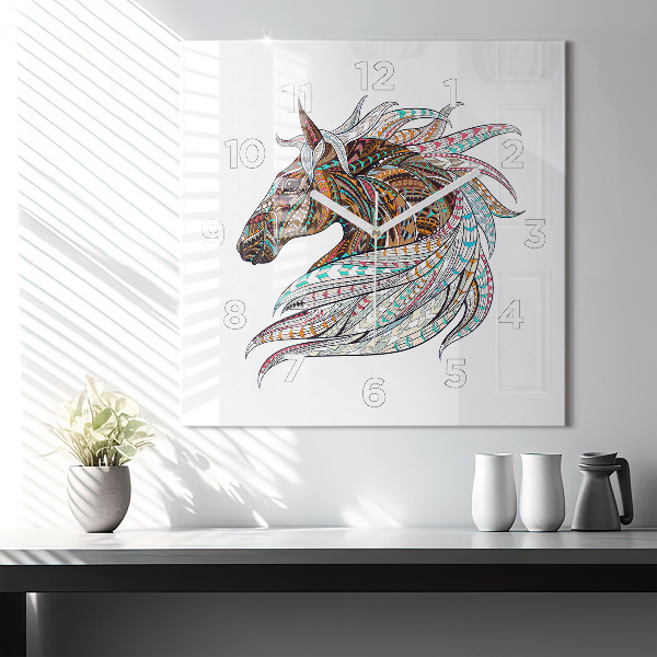 Square glass wall clock Horse illustration