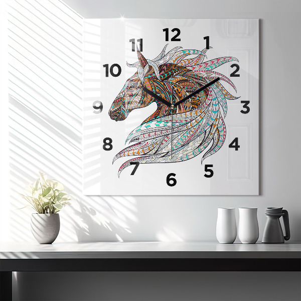 Square glass wall clock Horse illustration